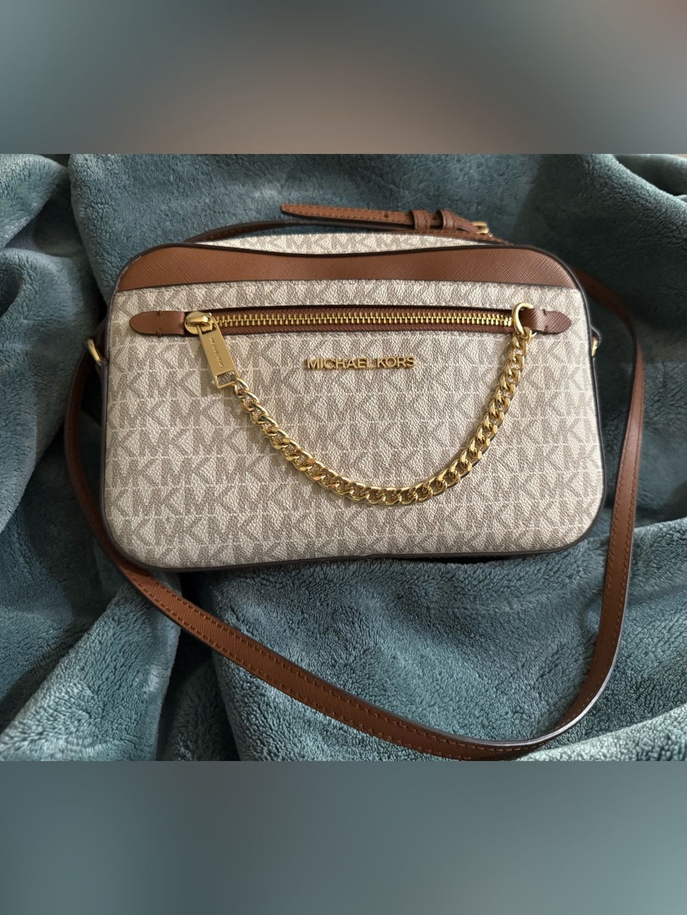 Michael Kors Beige Logo Crossbody with Brown Trim and Gold Chain